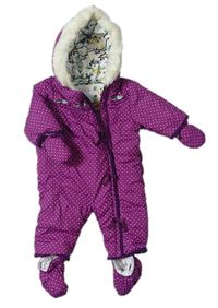Purpurová puntíkatá šusťáková zimní kombinéza s kapucí + rukavice + boty zn. Miniclub
