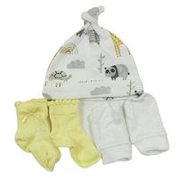 3set- Bílá čepice se zvířátky + žluté ponožky + Bílé novorozenecké rukavice zn. Next