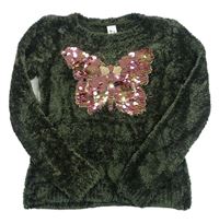 Olivový chlupatý svetr s motýlkem z flitrů zn. C&A