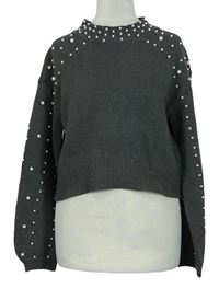 Dámský šedý crop svetr s perličkami zn. Shein 
