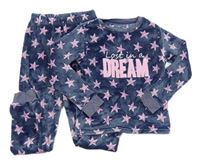 Tmavomodré chlupaté pyžamo s hvězdičkami a nápisem 