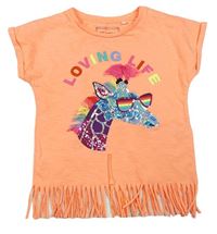 Neonově oranžové tričko se žirafou s flitry a třásněmi zn. Bluezoo