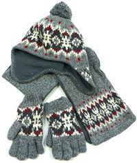 3set- šedá vzorovaná šála + čepice + rukavice 