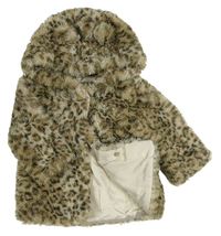 Béžový kožešinový zateplený kabát s kapucí a leopardím vzorem zn. George