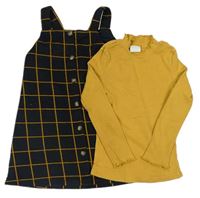 2set- Hořčicové žebrované triko se stojáčkem + Tmavomodro-medové kostkované šaty s knoflíčky zn. F&F