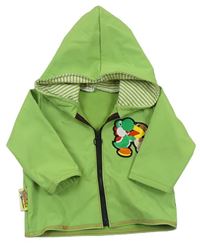 Zelená softshellová bunda s kapucí a nášivkami 