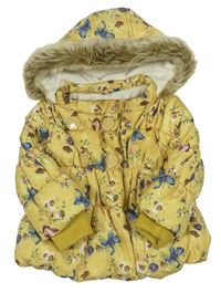 Žlutá květovaá šusťáková zimní bunda s kapucí zn. Next