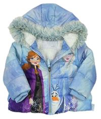 Světlemodrá šusťáková zimní bunda s Frozen a kapucí zn. Disne 