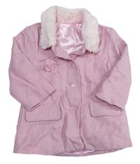 Světlerůžový vlněný podšitý kabát s kytičkou a kožešinovým límečkem zn. Mothercare