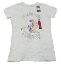 Bílé tričko s nápisy a jednorožcem s hvězdičkami zn. Primark