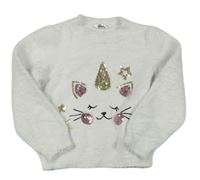 Bílý chlupatý svetr s kočičkou z flitrů zn. M&Co