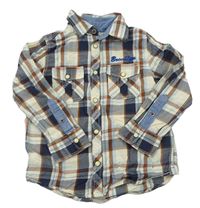 Smetanovo-tmavomodro-hnědo-světlemodrá kostkovaná košile s nápisem zn. H&M