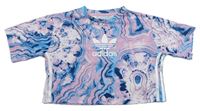 Růžovo-modro-tmavomodré vzorované crop tričko zn. Adidas