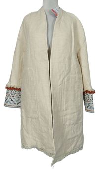 Dámský béžový lněný kabátový cardigán s výšivkami zn. Zara 