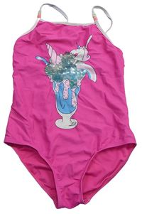 Růžové jednodílné plavky s potiskem s flitry zn. F&F