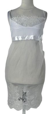 Dámská bílá tylovo-krajková noční košile s mašlí