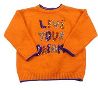 Tmavooranžový melírovaný svetr s nápisy z flitrů zn. M&Co