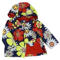 Tmavomodro-barevná květovaná šusťáková jarní bunda s kapucí zn. Tu