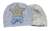 2x bavlněná čepice - modrá s hvězdičkami, bílá s obrázky