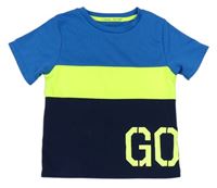 Tmavomodro-modro-neonově zelené tričko s písmeny zn. Topolino