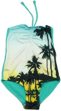 Zeleno-bílé jednodílné plavky s palmami zn. M&S