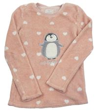 Růžová chlupatá pyžamová mikina se srdíčky a tučňákem zn. F&F