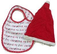2set - Červená vánoční čepice + bílo-červený bryndák zn. Mothercare