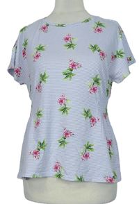 Dámské světlemodro-bílé proužkované tričko s květy zn. M&S