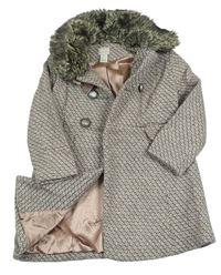 Šedo-světlerůžovo-bílý melírovaný vzorovaný vlněný zateplený kabát s kožešinovým límečkem zn. Monsoon 