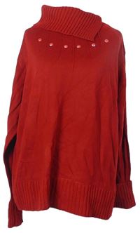 Dámský červený svetr s límcem s kamínky 