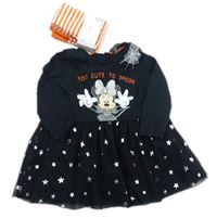 2set - Černé bavlněno-síťované šaty s Minnií + pruhované punčocháče zn. Disney 