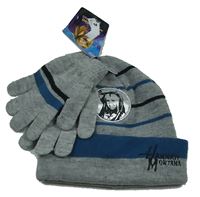 2Set - Šedo-modro-černá pruhovaná pletená čepice s Hannah Montanou + rukavice zn. Disney