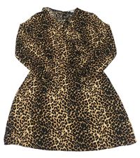Hnědo-černé lehké šaty s leopardím vzorem a volánkem zn. Primark
