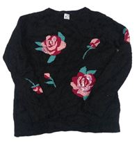 Černý chlupatý svetr s květy zn. C&A