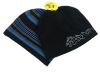 2x - Pletená čepice - Černá s drakem, tmavošedo/černo/modrá pruhovaná 