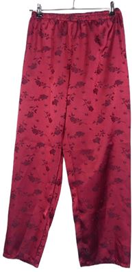 Dámské tmavočervené květované saténové pyžamové kalhoty 