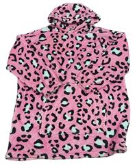 Růžové chlupaté županové šaty s leopardím vzorem a kapucí zn. Jeff&Co vel. 134-152