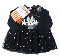 2set- černé bavlněno/tylové šaty s Minnie+ pruhované punčocháče zn. Disney