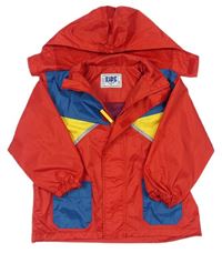 Červeno-modro-žlutá šusťáková jarní bunda s kapcuí 