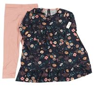 2set- tmavomodré květinové bavlněné šaty+ růžové legíny zn. F&F