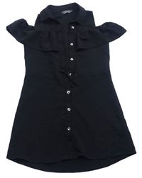 Černé propínací košilové šaty s volánkem a volnými rameny zn. PRIMARK