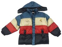 Tmavomodro-béžovo-červená šusťáková zimní bunda s kapucí  