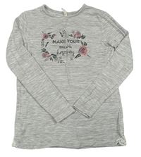 Šedé melírované úpletové triko s nápisem a květy zn. Yd.