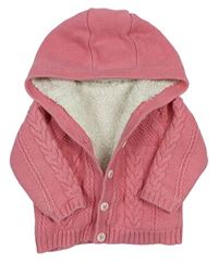Růžový vzorovaný propínací zateplený svetr s kapucí zn. Mothercare