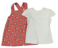2 set - Bílé tričko + růžové teplákové šaty s hnědými květy zn. M&Co.
