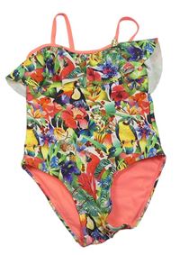 Barevné vzorované jednodílné plavky s papoušky a volánem zn. H&M