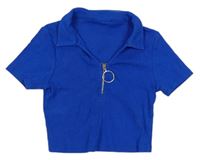 Modré žebrované crop tričko s límečkem zn. Select 