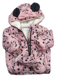 Růžová melírovaná šusťáková zateplená bunda s Minnie a kapucí zn. Disney