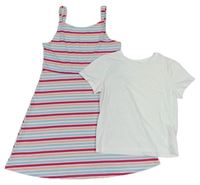 2set - Bílo-růžovo-modré pruhované šaty + bílé tričko zn. Primark