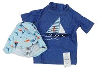 2set- Modré Uv triko s lodičkou + Světlemodrá UV čepice s rybami a ponorkami zn. Nutmeg